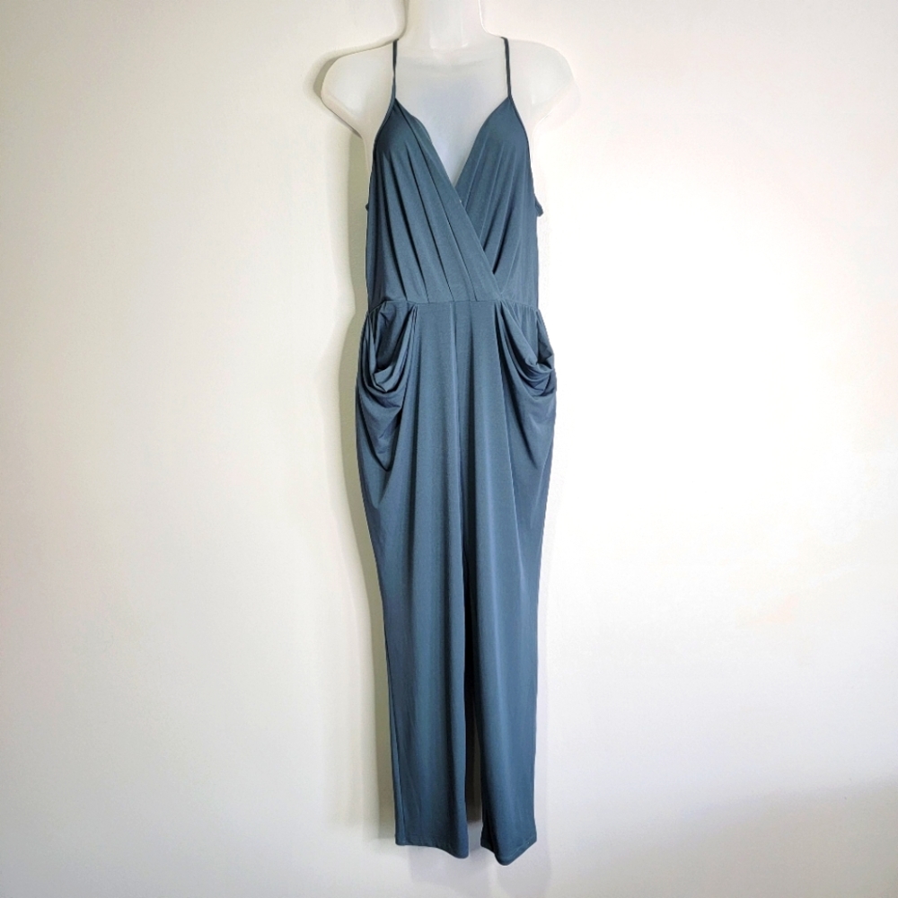 BCBGeneration Drape Pocket Jumpsuit Womens Size Medium Blue Sleeveless Stretchy